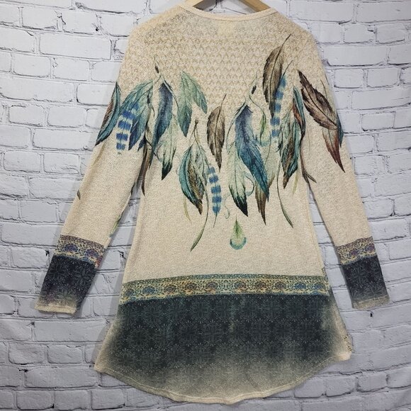 Vocal Tunic Sweater Womens M Boho Feather Airbrushed Design Lace Trim USA - Picture 7 of 10